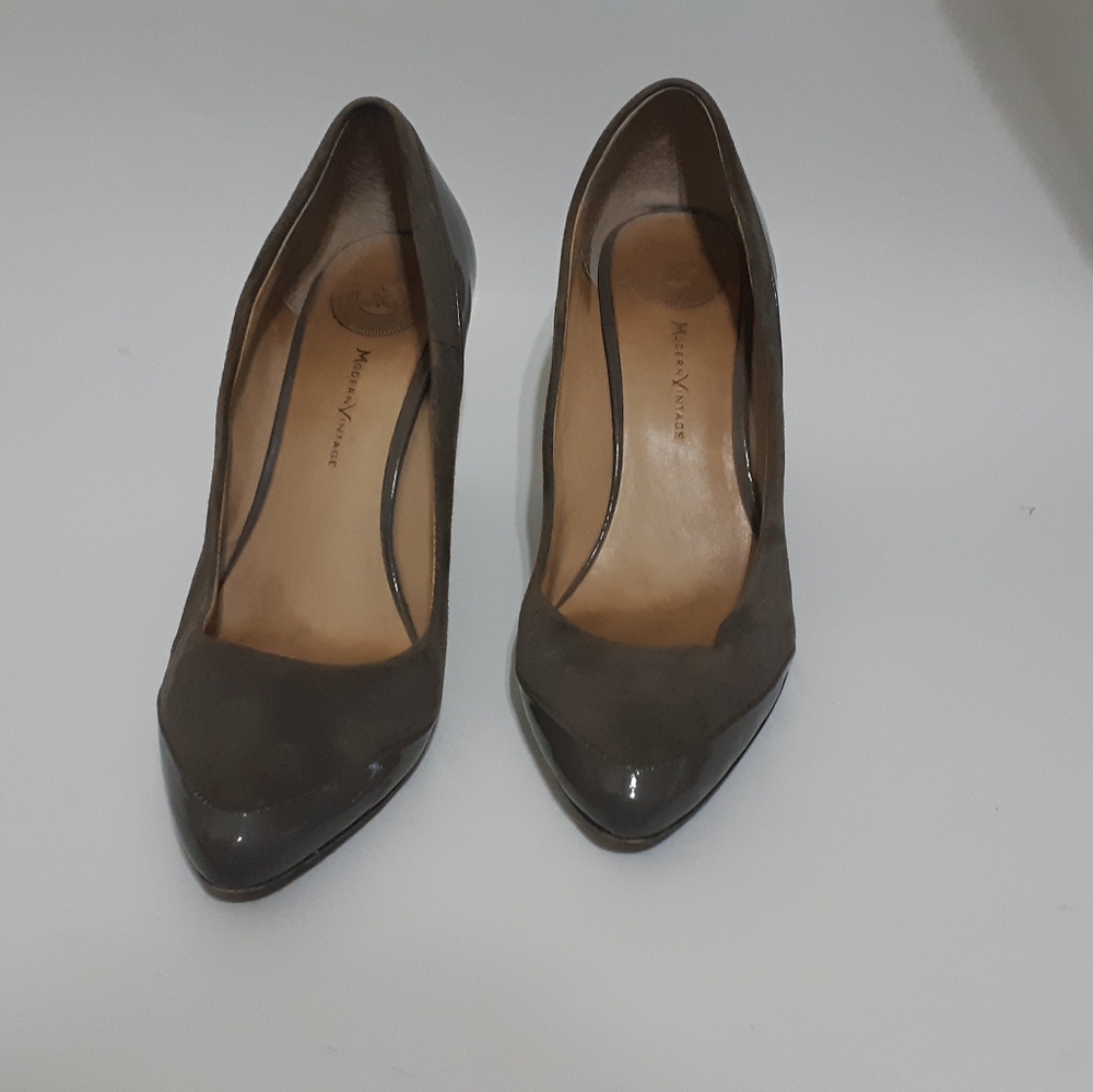 Modern Vintage grey suede patent pump heels
